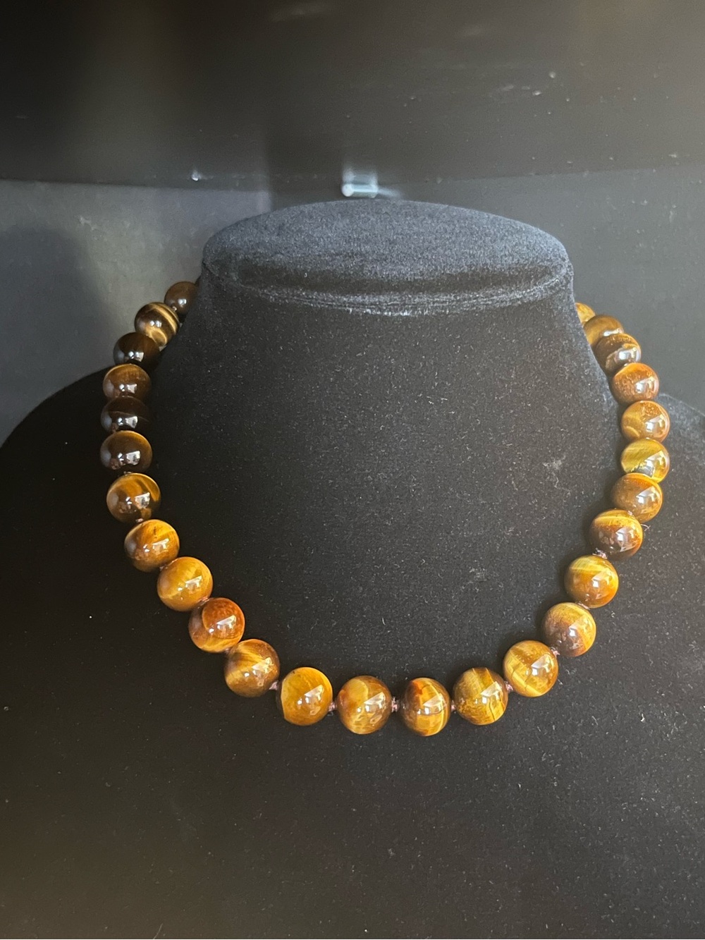 Tiger Eye Brown and Gold Colored Beaded Necklace Nylon Cord 925 Silver Clasp